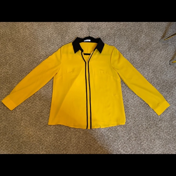Women V-neck Long-Sleeve Yellow Blouse - Picture 2 of 6